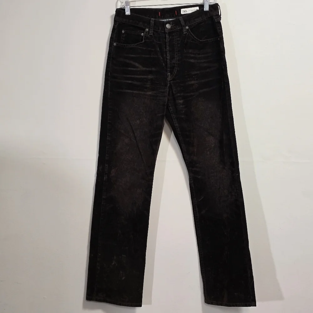 Zara Chocolate Brown Black Straight-Leg Velvet Pants - Picture 8 of 8